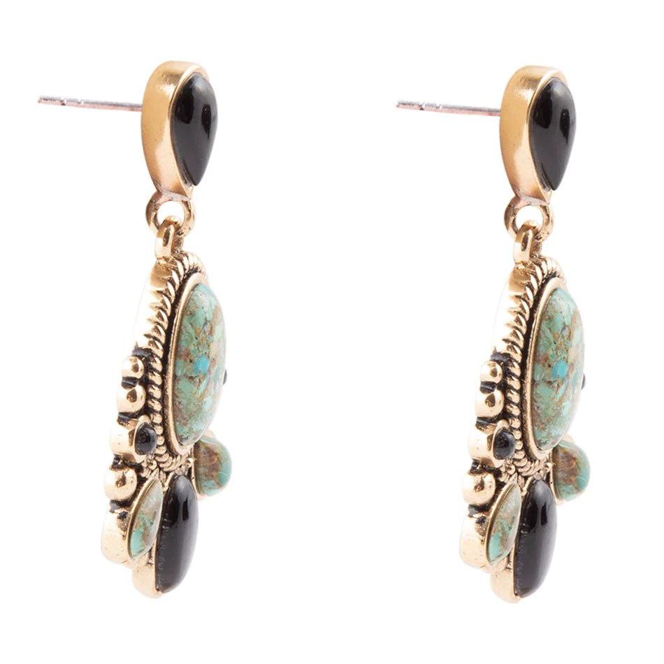 Barcelona Blue Turquoise and Black Onyx Post Drop Golden Earrings by Barse Jewelry