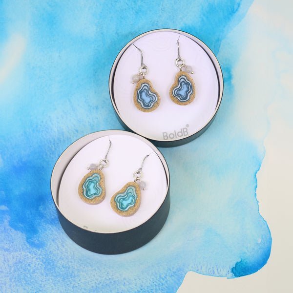 Basin Drop Earrings – Aqua & Ultramarine Resin with Agate La Vie Bien Basin Drop Earrings – Aqua & Ultramarine Resin with Agate