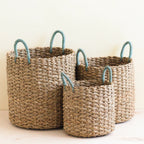 Seagrass Woven Baskets with Sky Blue Handle Set of 3 - Straw Baskets | LIKHÂ by LIKHÂ