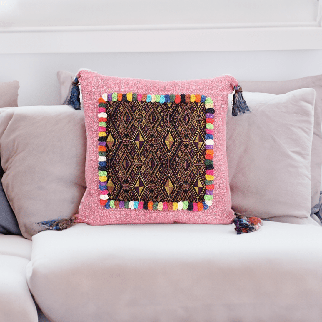 Batik Printed Embroidery Fabric Geometric Cushion - Thailand Decor La Vie Bien Batik Printed Embroidery Fabric Geometric Cushion - Thailand