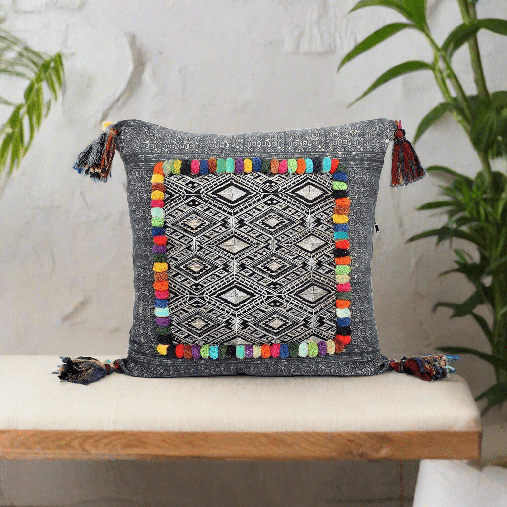 Batik Printed Embroidery Fabric Geometric Cushion - Thailand Decor La Vie Bien Batik Printed Embroidery Fabric Geometric Cushion - Thailand