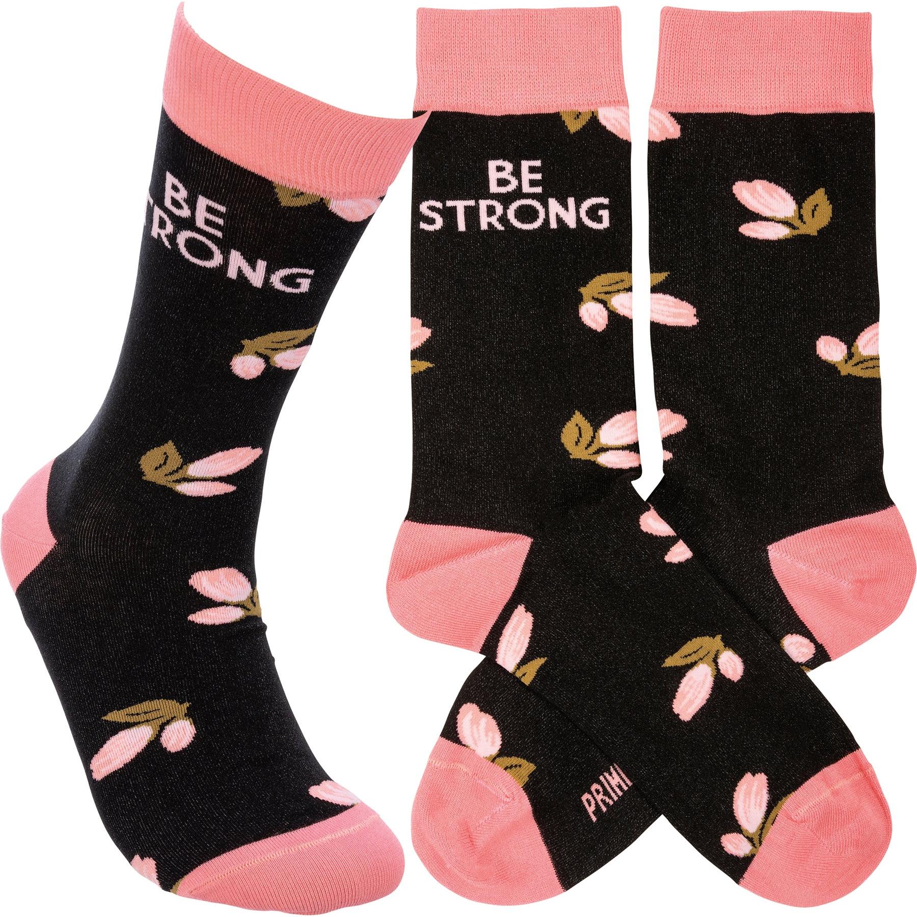 Be Strong Floral Socks in Black Background | Motivational One Size Fits Most Novelty Socks