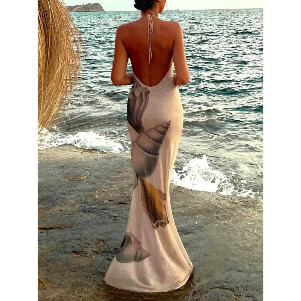 Beach Seashell Print Halterneck Mesh Maxi Dress [Sizes S - L]