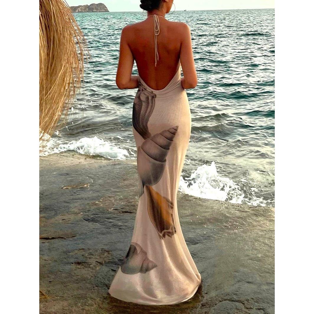 Beach Seashell Print Halterneck Mesh Maxi Dress [Sizes S - L]