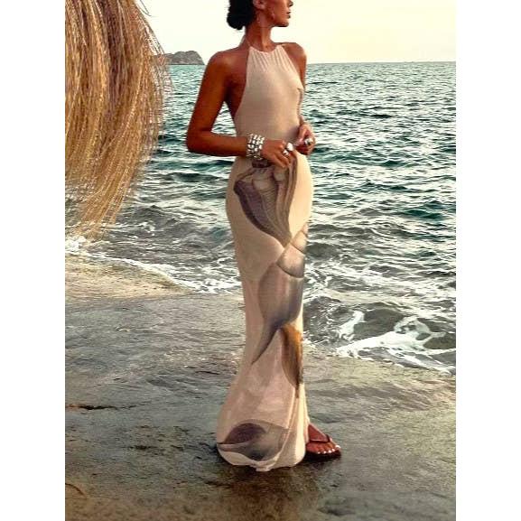 Beach Seashell Print Halterneck Mesh Maxi Dress [Sizes S - L]