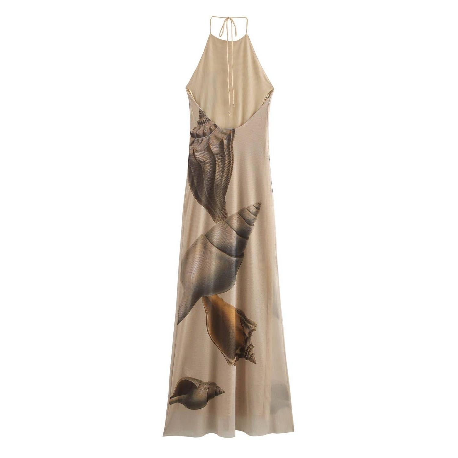Beach Seashell Print Halterneck Mesh Maxi Dress [Sizes S - L]