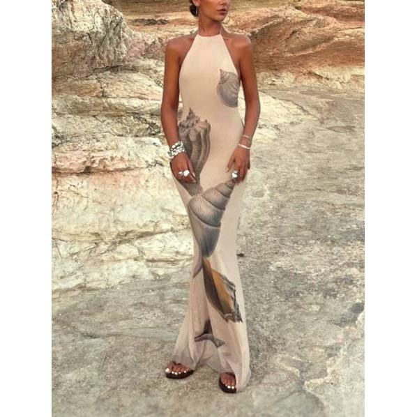 Beach Seashell Print Halterneck Mesh Maxi Dress [Sizes S - L]