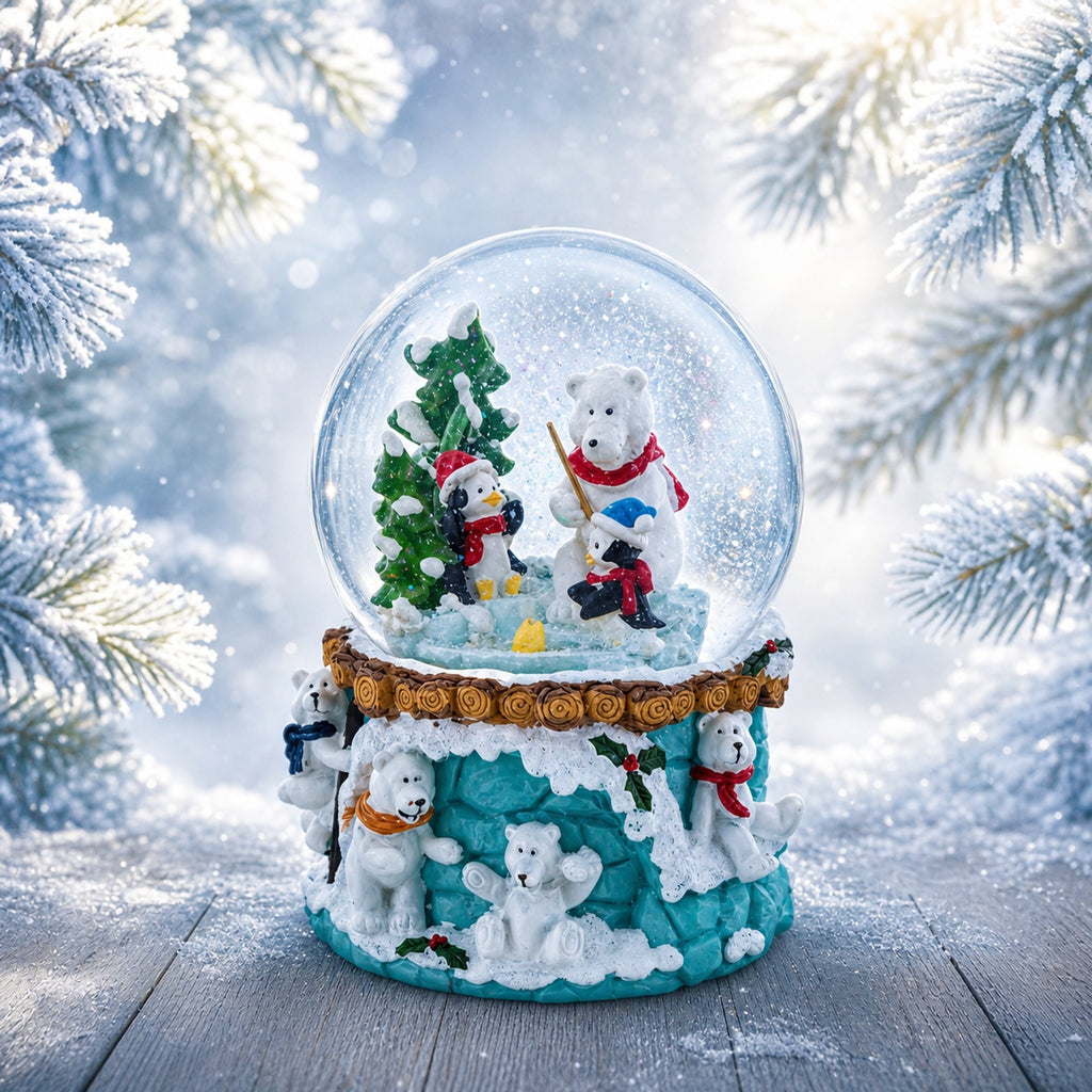 Bear and Penguins Fishing Musical Christmas Water Snow Globe Snow Globes > Animals La Vie Bien Bear and Penguins Fishing Musical Christmas Water Snow Globe
