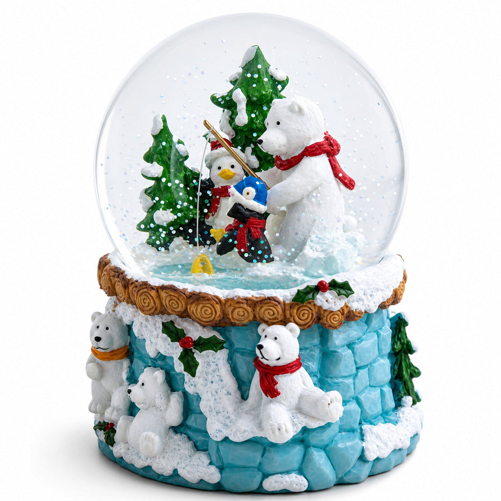Bear and Penguins Fishing Musical Christmas Water Snow Globe Snow Globes > Animals La Vie Bien Bear and Penguins Fishing Musical Christmas Water Snow Globe