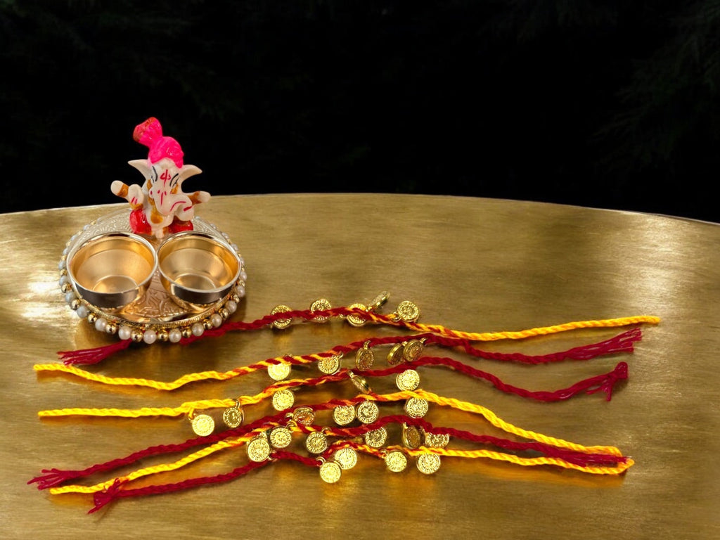 Beautiful Coin Moli or Suraksha Dhaga, Set of 6 for Wedding rituals, Mata ki chowki, Pooja or Havan Accessories La Vie Bien Beautiful Coin Moli or Suraksha Dhaga, Set of 6 for Wedding rituals, Mata ki chowki, Pooja or Havan