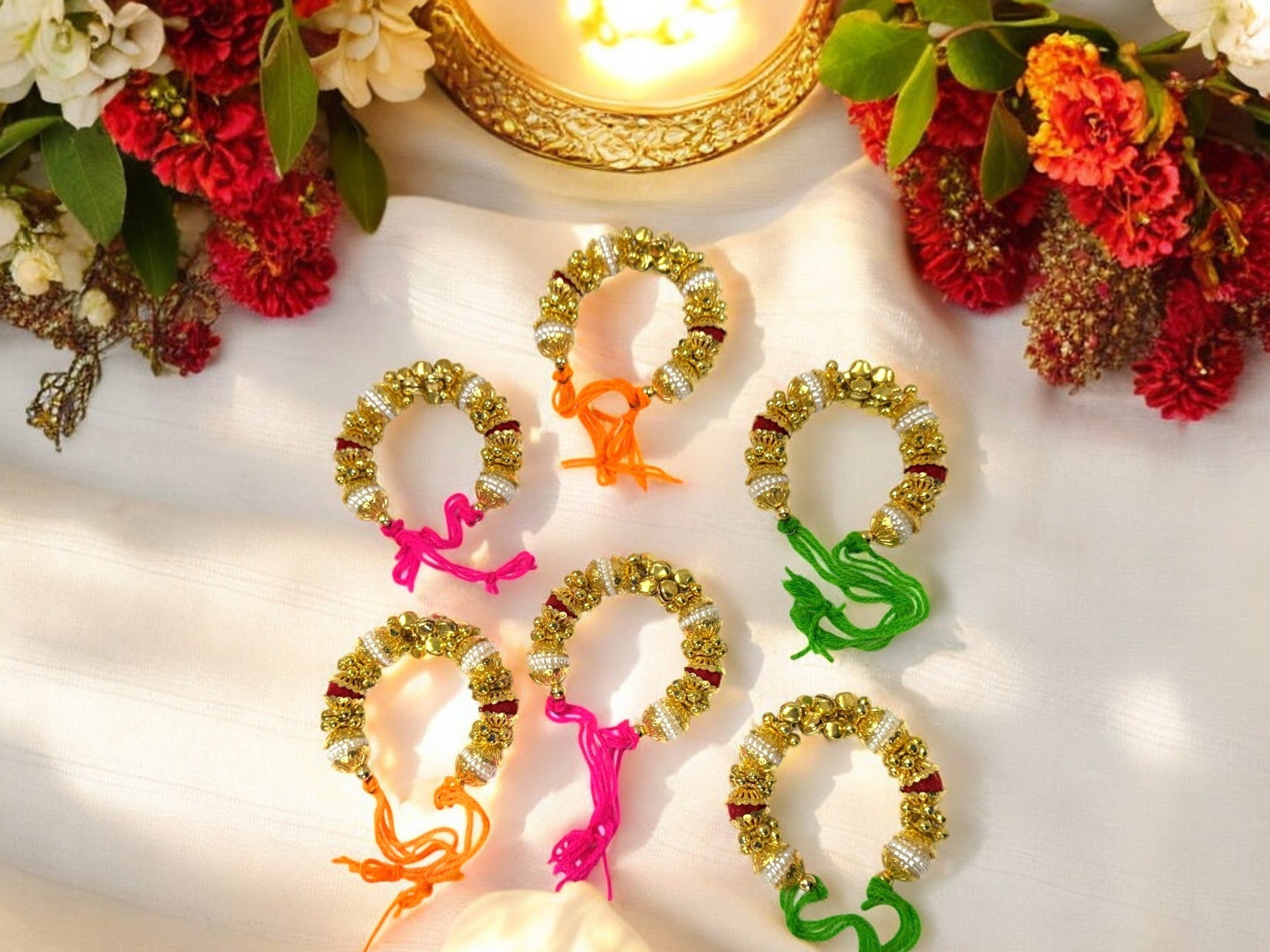 Beautiful Ghungroo & Pearl Bracelet Set of 6 for Wedding rituals, Mata ki chowki, Pooja - Set of 6 Accessories La Vie Bien Beautiful Ghungroo & Pearl Bracelet Set of 6 for Wedding rituals, Mata ki chowki, Pooja - Set of 6