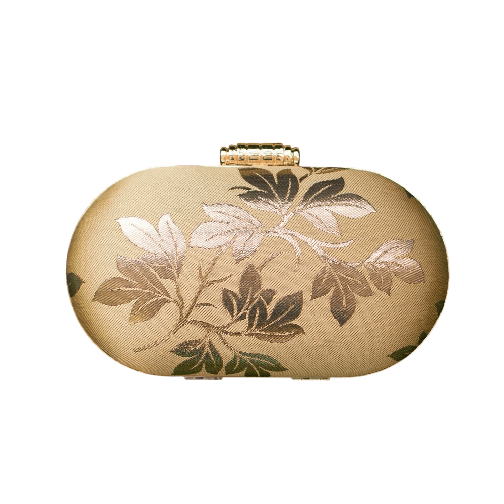 Beige And Golden Brocade Fabric Cylindrical Shape Clutch La Vie Bien Beige And Golden Brocade Fabric Cylindrical Shape Clutch