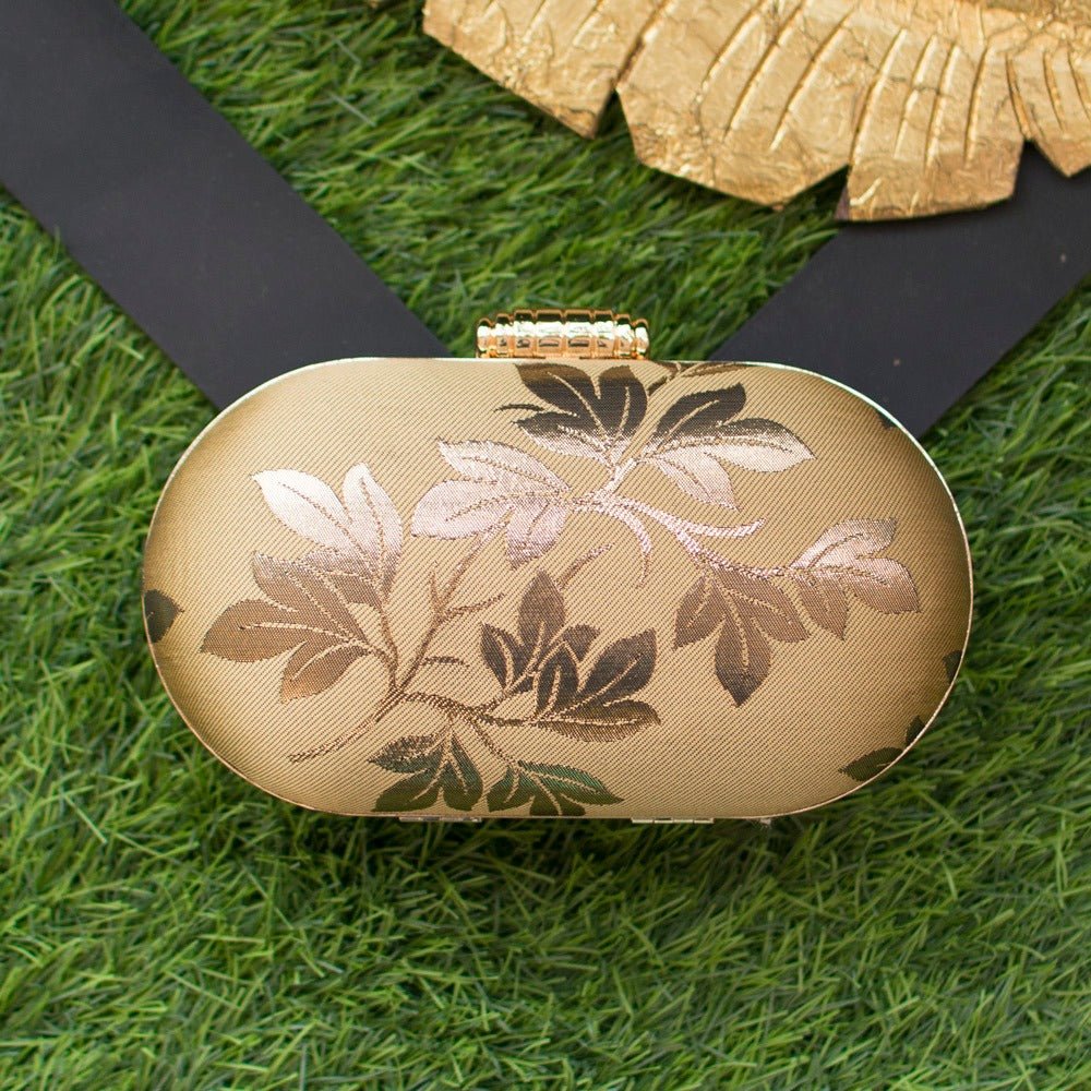 Beige And Golden Brocade Fabric Cylindrical Shape Clutch La Vie Bien Beige And Golden Brocade Fabric Cylindrical Shape Clutch