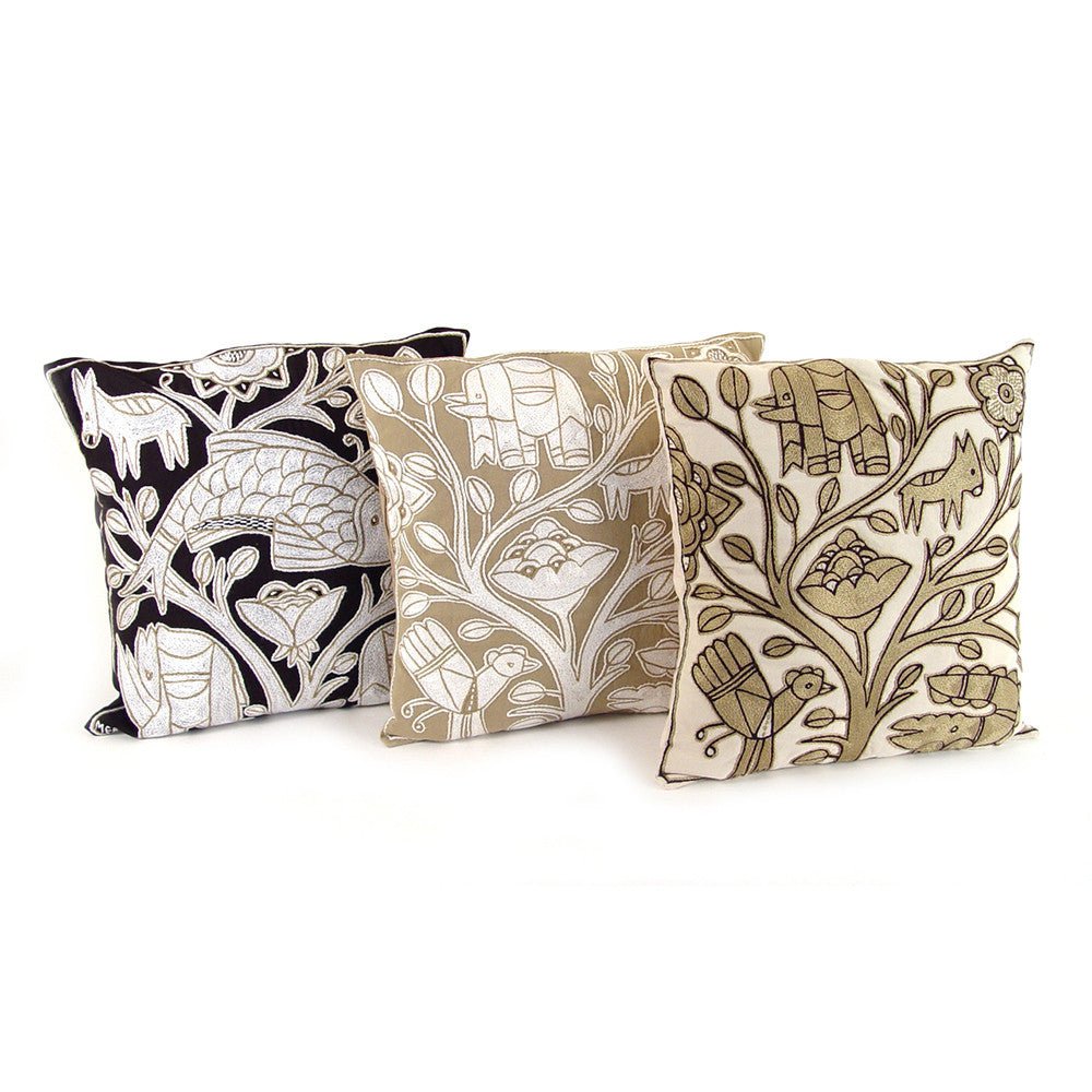 Beige and White Hand Embroidered Pillow Cover La Vie Bien Beige and White Hand Embroidered Pillow Cover