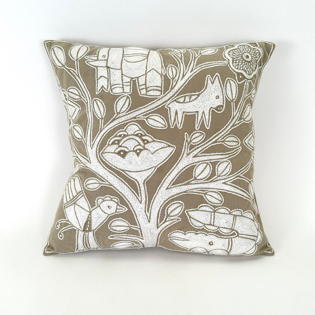 Beige and White Hand Embroidered Pillow Cover La Vie Bien Beige and White Hand Embroidered Pillow Cover