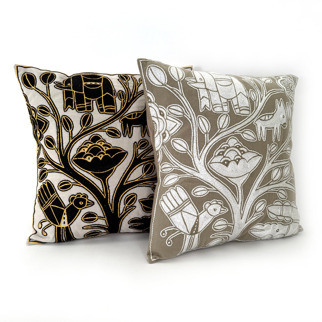 Beige and White Hand Embroidered Pillow Cover La Vie Bien Beige and White Hand Embroidered Pillow Cover