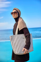 Beige Striped Cotton Beach Bag with Zipper CA2503-1 Plaj Çanta La Vie Bien Beige Striped Cotton Beach Bag with Zipper CA2503-1