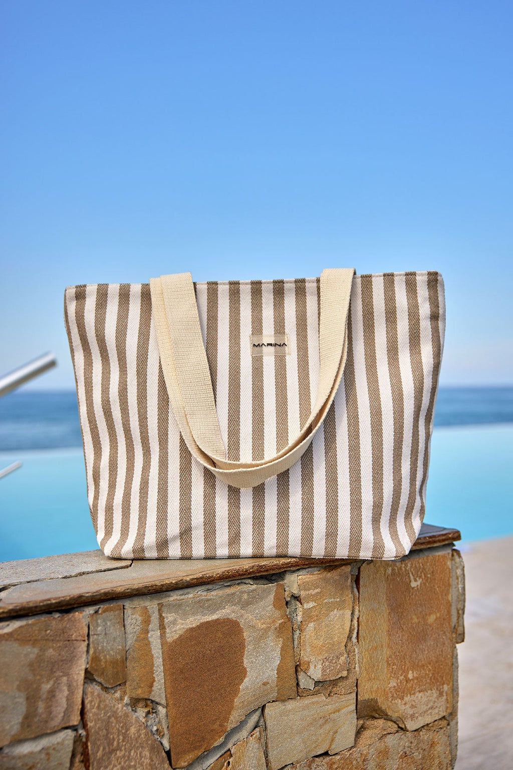 Beige Striped Cotton Beach Bag with Zipper CA2503-1 Plaj Çanta La Vie Bien Beige Striped Cotton Beach Bag with Zipper CA2503-1