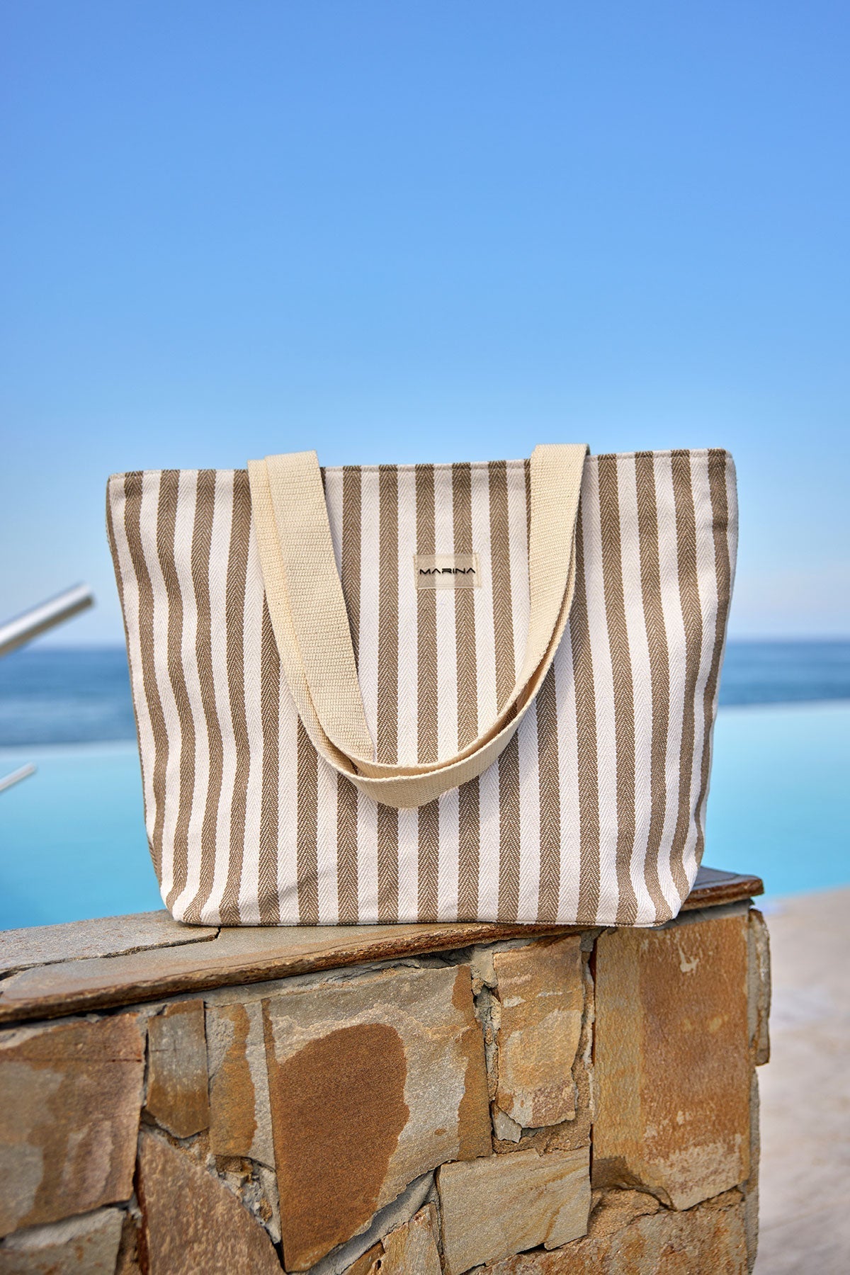 Beige Striped Cotton Beach Bag with Zipper CA2503-1 Plaj Çanta La Vie Bien Beige Striped Cotton Beach Bag with Zipper CA2503-1