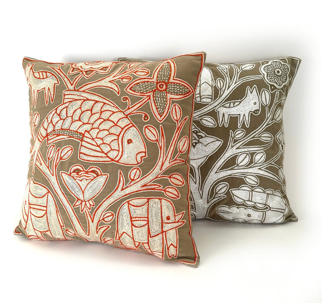 Beige, White + Orange Fish Hand Embroidered Pillow Cover La Vie Bien Beige, White + Orange Fish Hand Embroidered Pillow Cover
