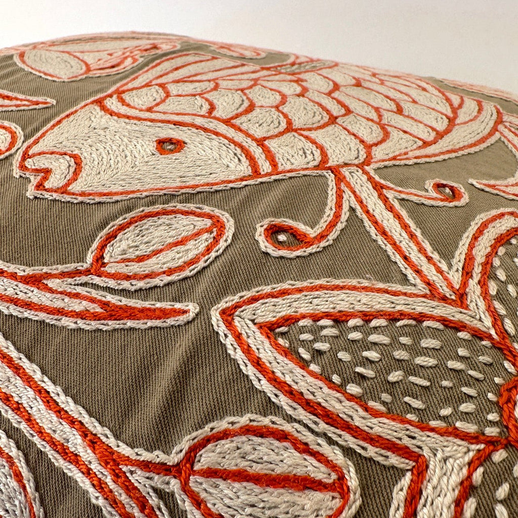 Beige, White + Orange Fish Hand Embroidered Pillow Cover La Vie Bien Beige, White + Orange Fish Hand Embroidered Pillow Cover