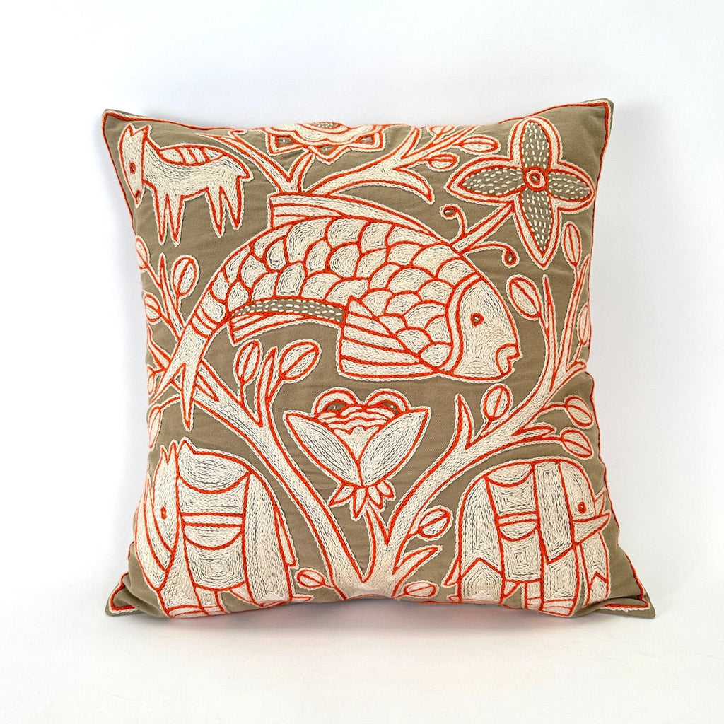 Beige, White + Orange Fish Hand Embroidered Pillow Cover La Vie Bien Beige, White + Orange Fish Hand Embroidered Pillow Cover