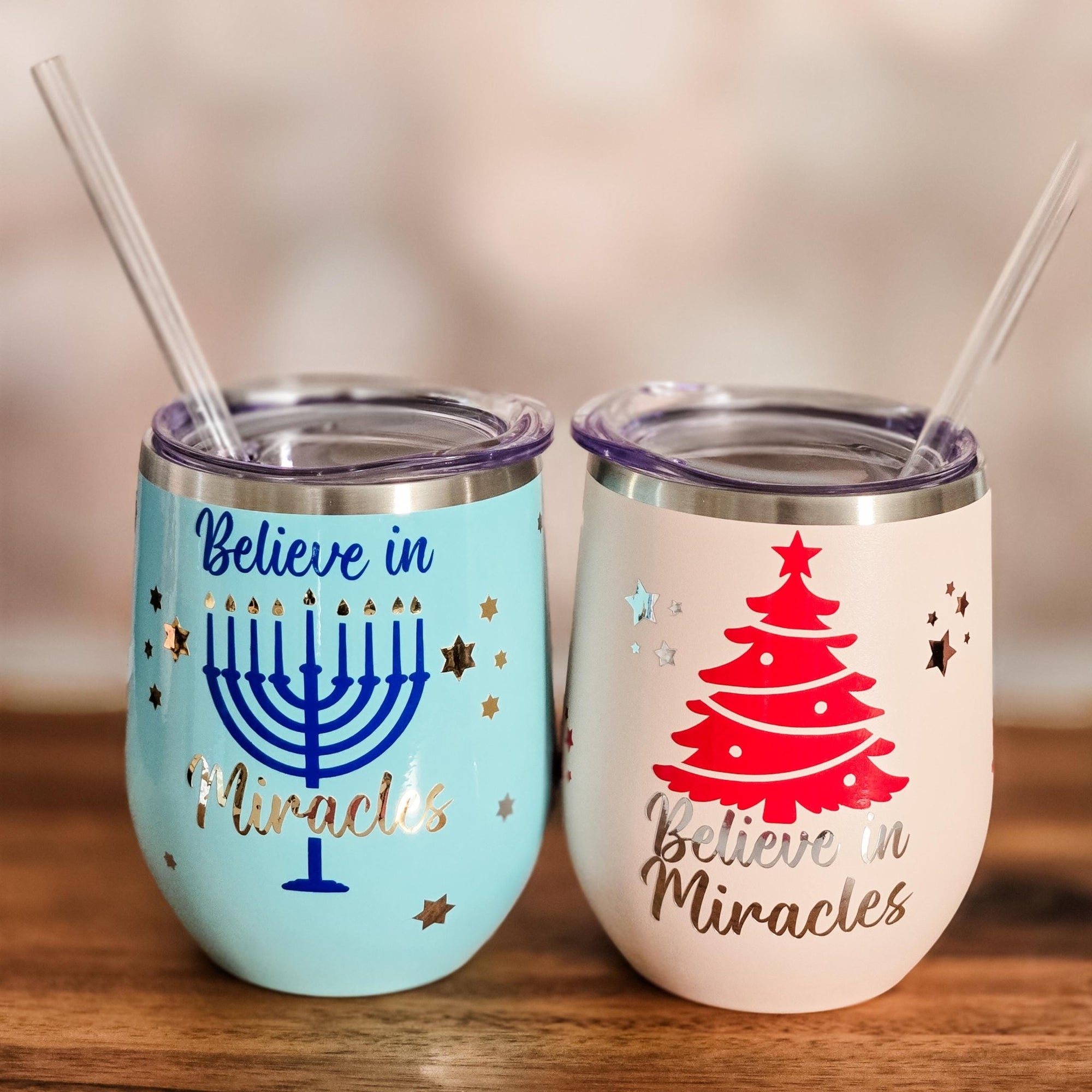 Believe in Miracles Chrismukkah Wine Tumblers