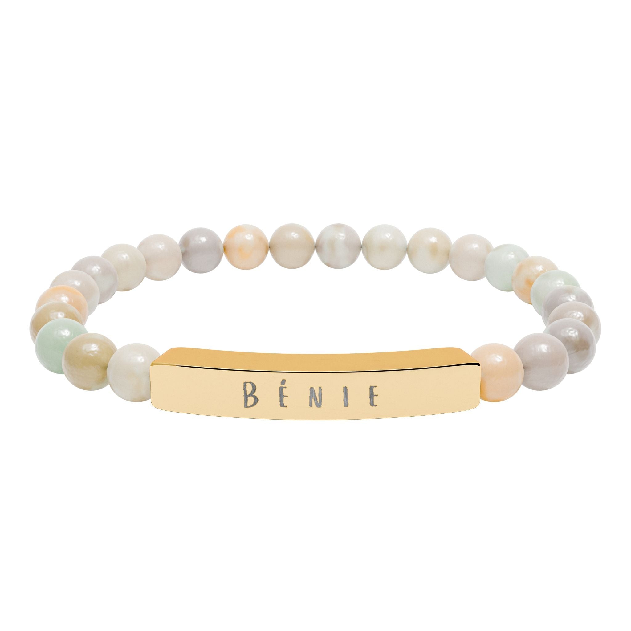 Bénie (Blessed) French beaded Engraved Bar Natural Stone Bracelet, Stretch Bead Bracelet Accessories La Vie Bien Bénie (Blessed) French beaded Engraved Bar Natural Stone Bracelet, Stretch Bead Bracelet