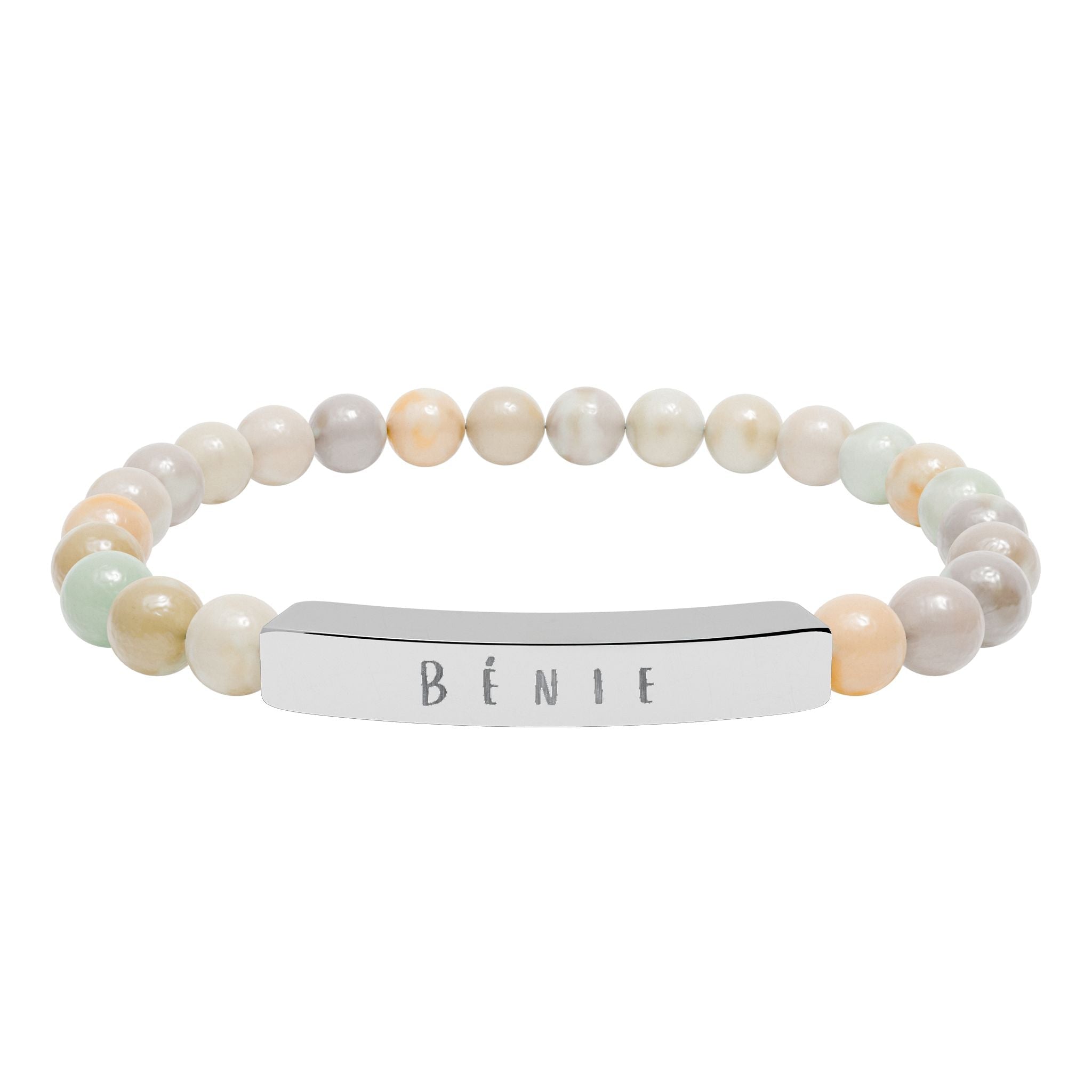 Bénie (Blessed) French beaded Engraved Bar Natural Stone Bracelet, Stretch Bead Bracelet Accessories La Vie Bien Bénie (Blessed) French beaded Engraved Bar Natural Stone Bracelet, Stretch Bead Bracelet