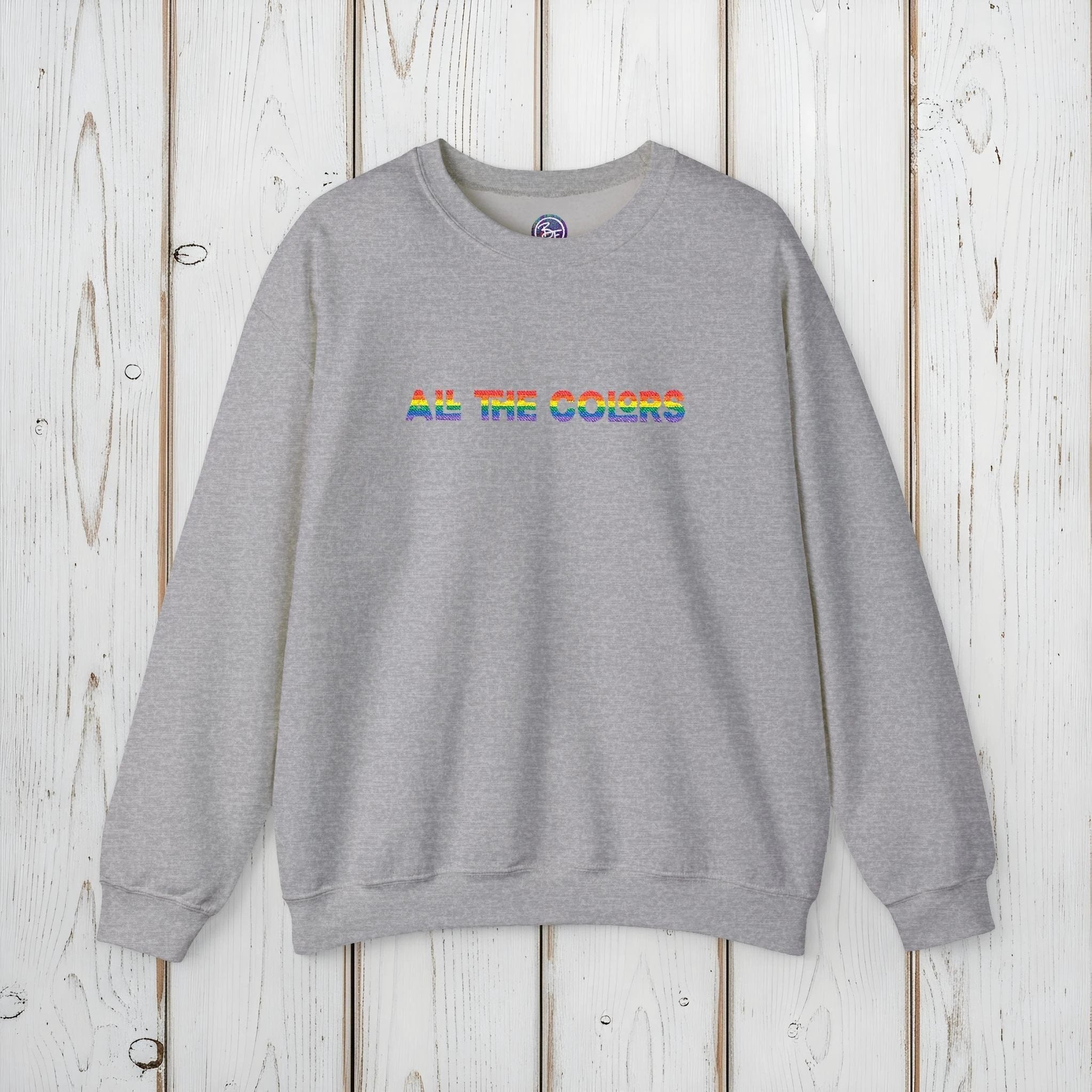 Bespattered Facade "All the Colors" Rainbow Embroidered Crewneck Sweatshirt by Bespattered Facade