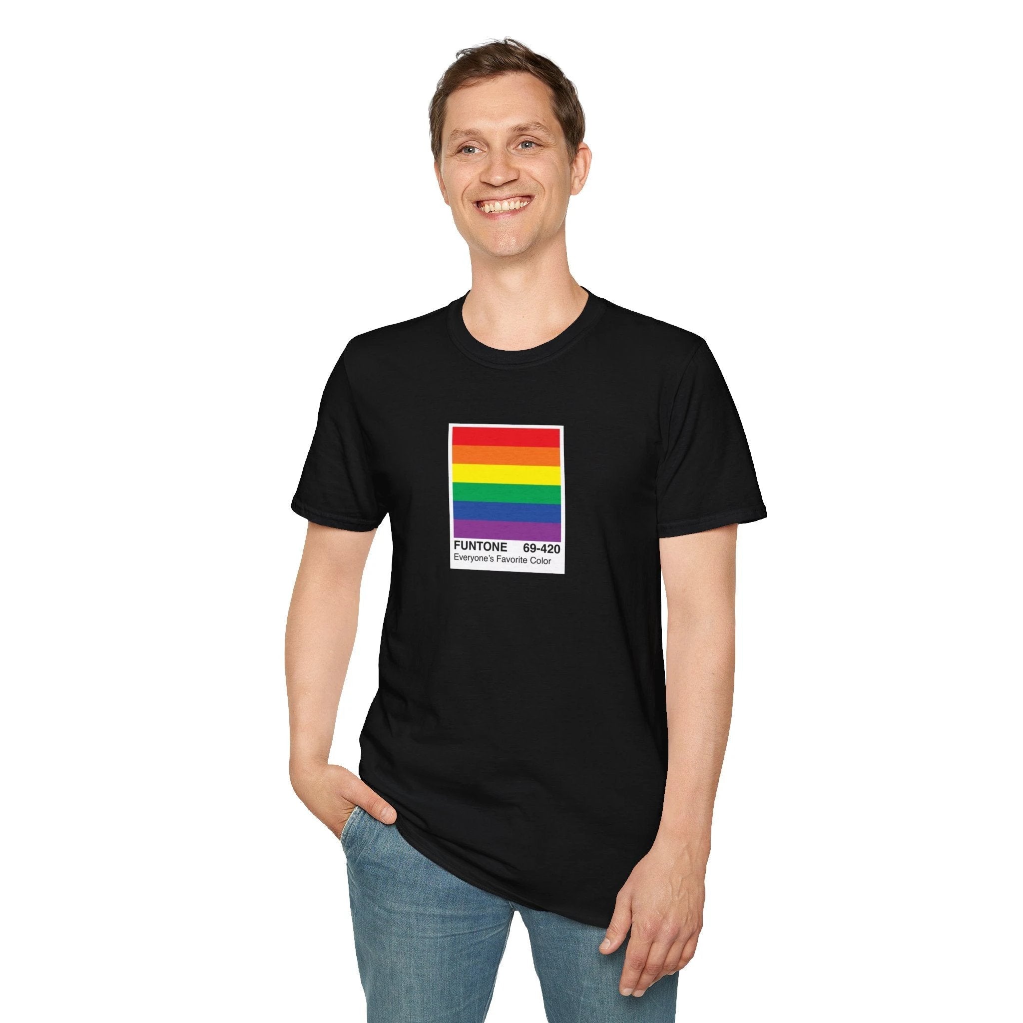 Bespattered Facade Everyone's Favorite Color Rainbow "Funtone" Chip Unisex Softstyle T-Shirt by Bespattered Facade