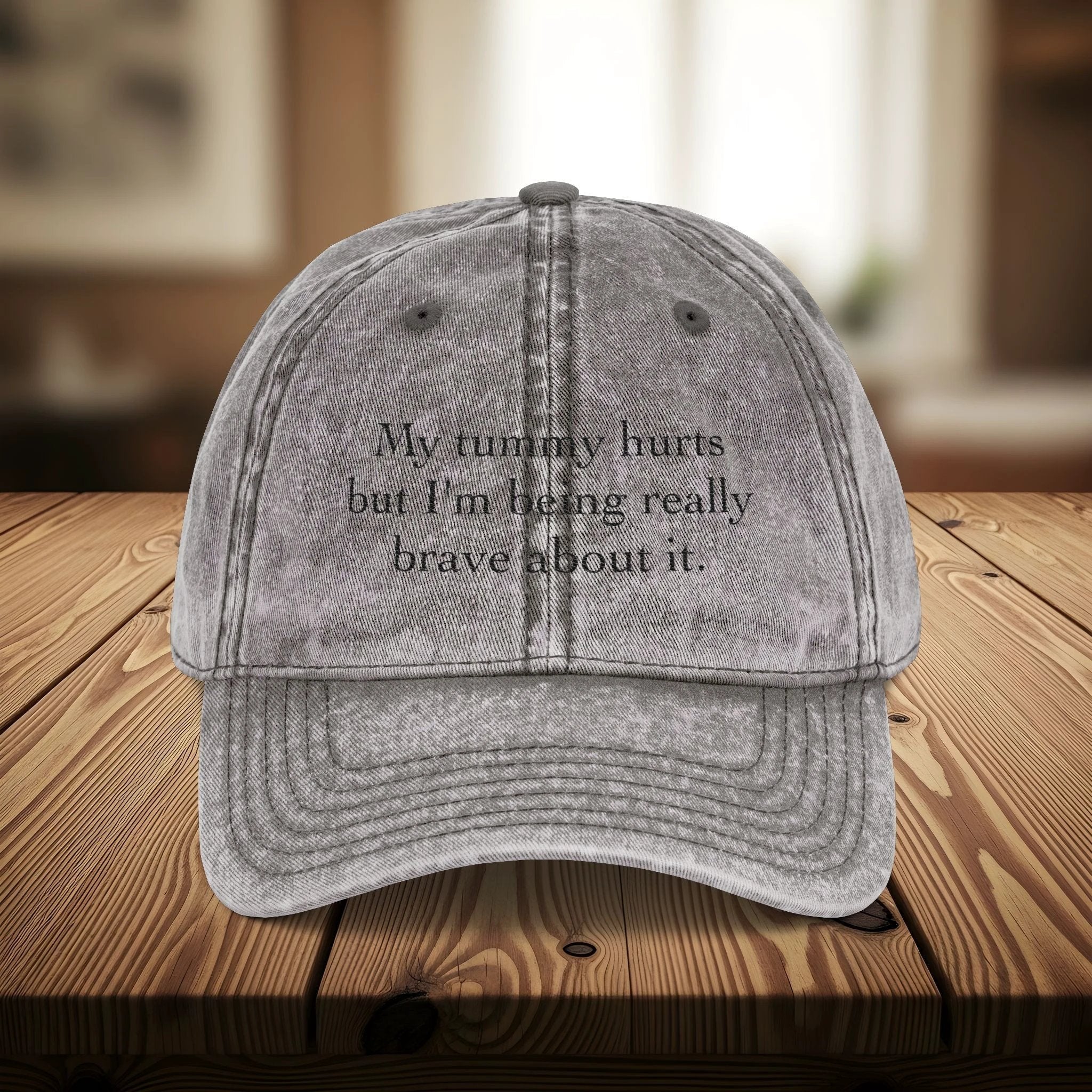 Bespattered Facade "My Tummy Hurts" Black Embroidered Vintage Cap by Bespattered Facade