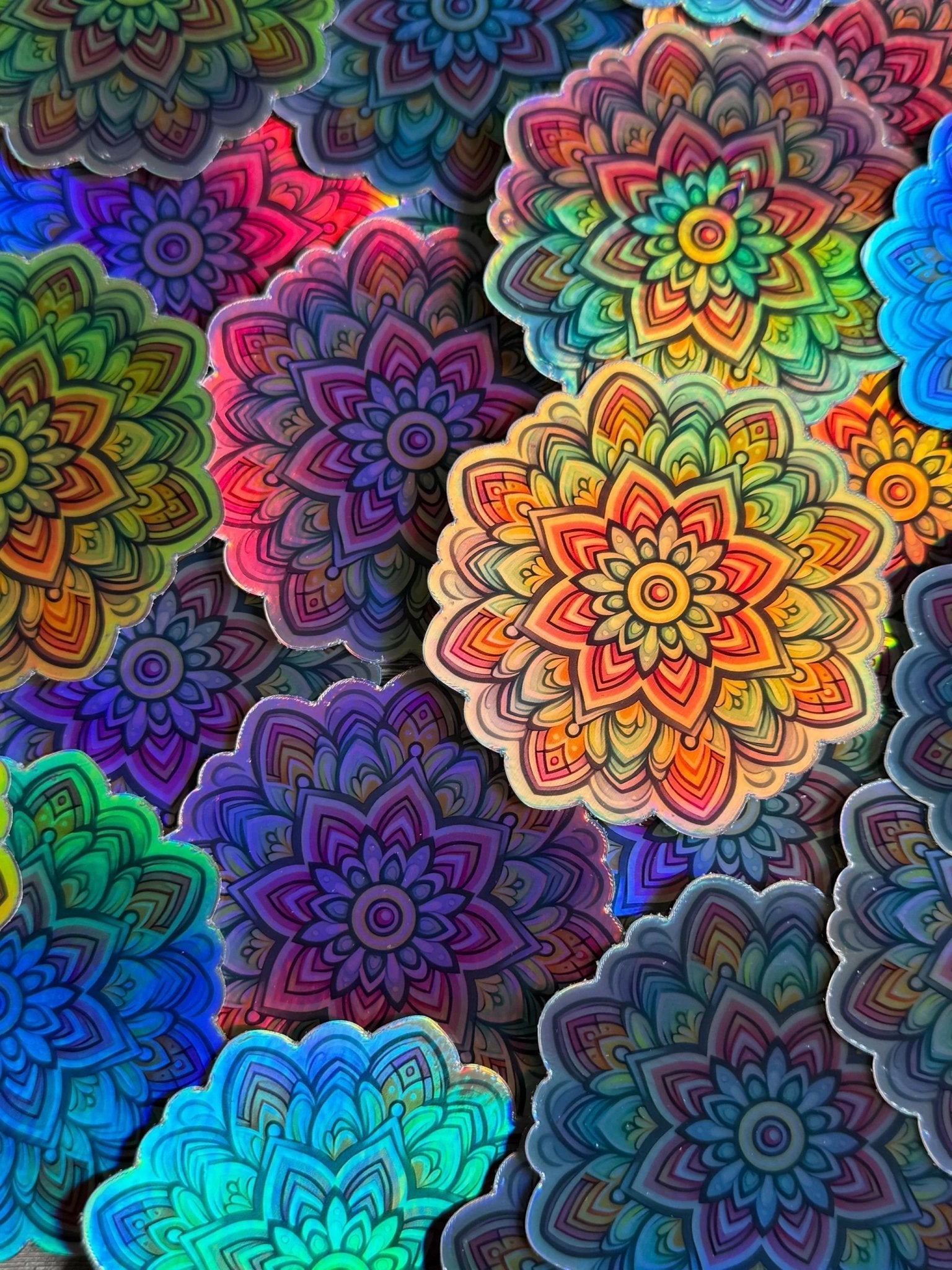 Bespattered Facade Pastel Rainbow Flower Mandala Holographic Sticker by Bespattered Facade