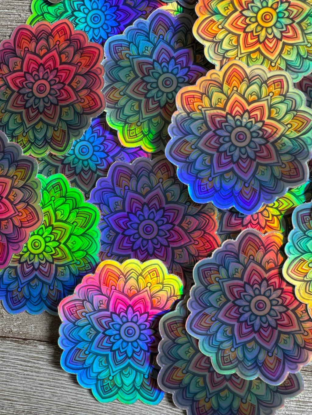 Bespattered Facade Pastel Rainbow Flower Mandala Holographic Sticker by Bespattered Facade