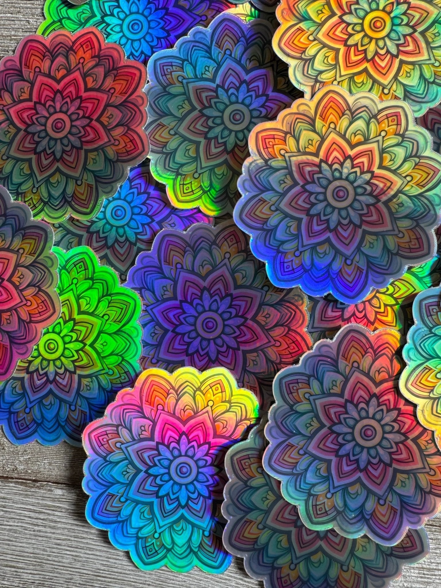Bespattered Facade Pastel Rainbow Flower Mandala Holographic Sticker by Bespattered Facade