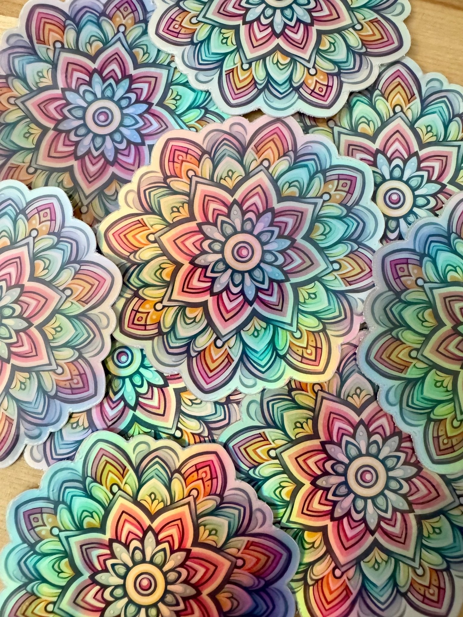 Bespattered Facade Pastel Rainbow Flower Mandala Holographic Sticker by Bespattered Facade