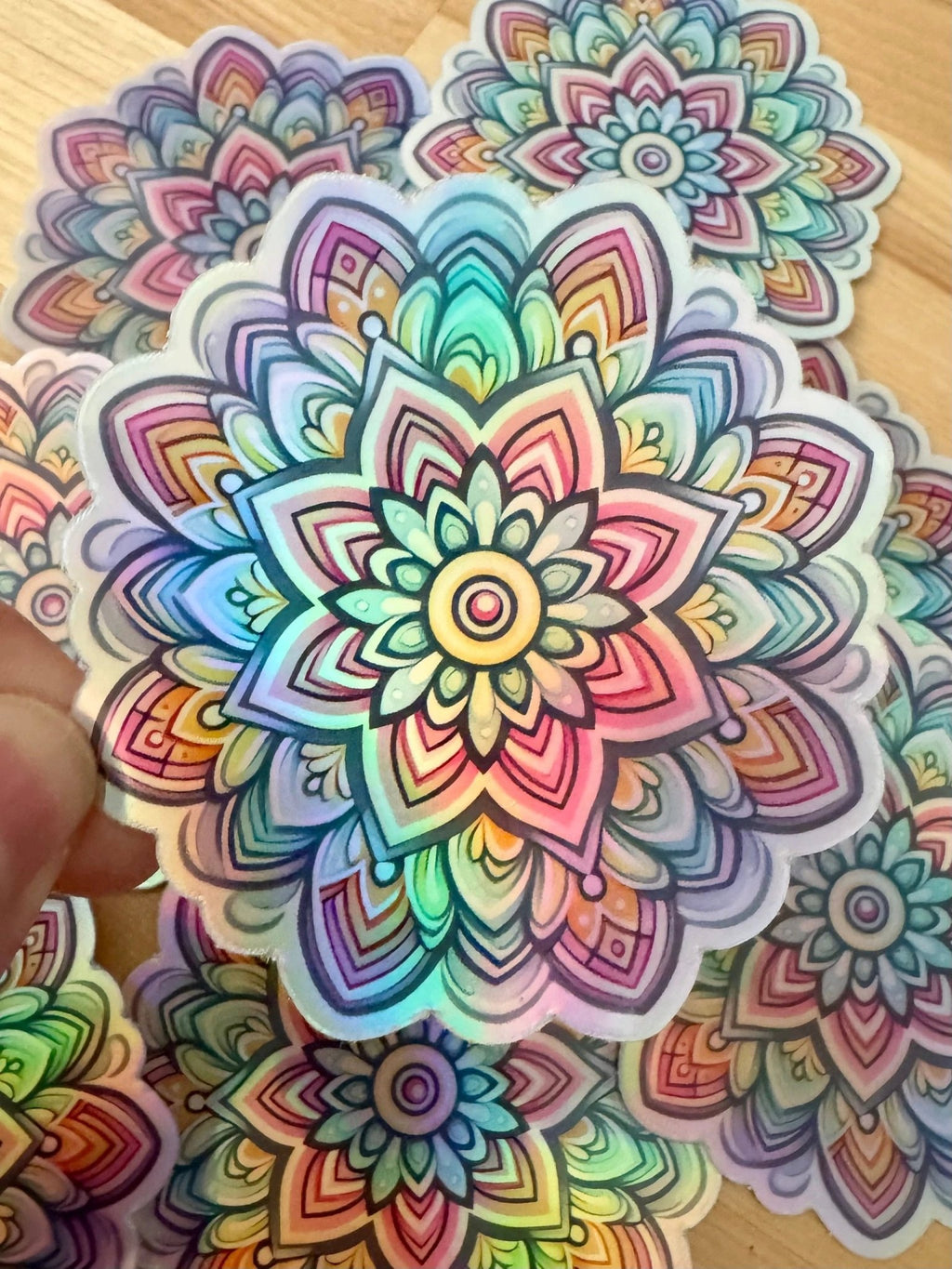 Bespattered Facade Pastel Rainbow Flower Mandala Holographic Sticker by Bespattered Facade