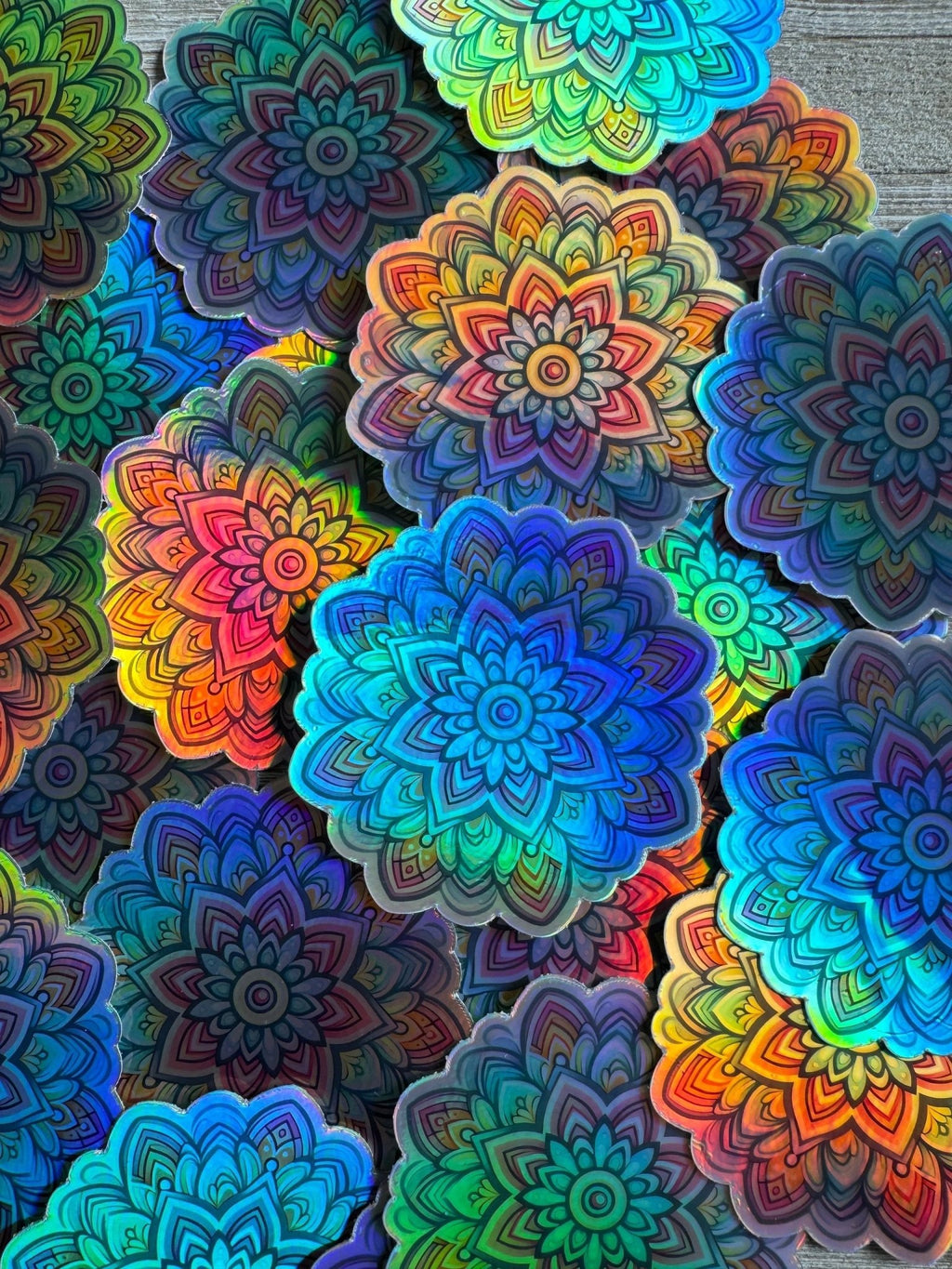 Bespattered Facade Pastel Rainbow Flower Mandala Holographic Sticker by Bespattered Facade