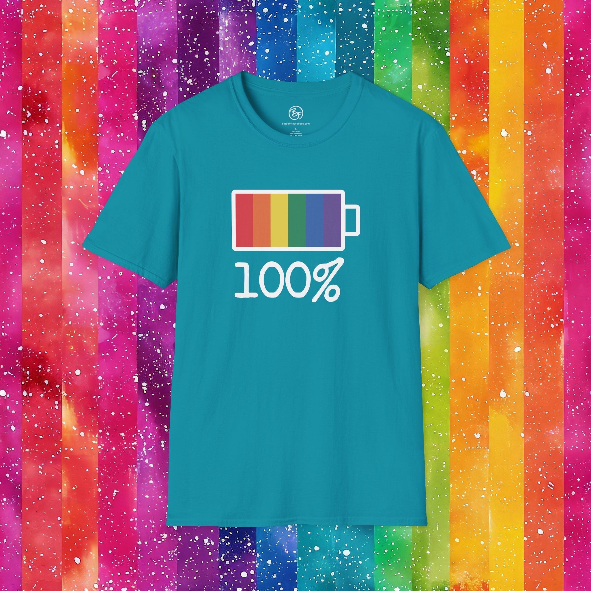 Bespattered Facade Rainbow Battery Unisex Softstyle T-Shirt T-Shirt La Vie Bien Bespattered Facade Rainbow Battery Unisex Softstyle T-Shirt