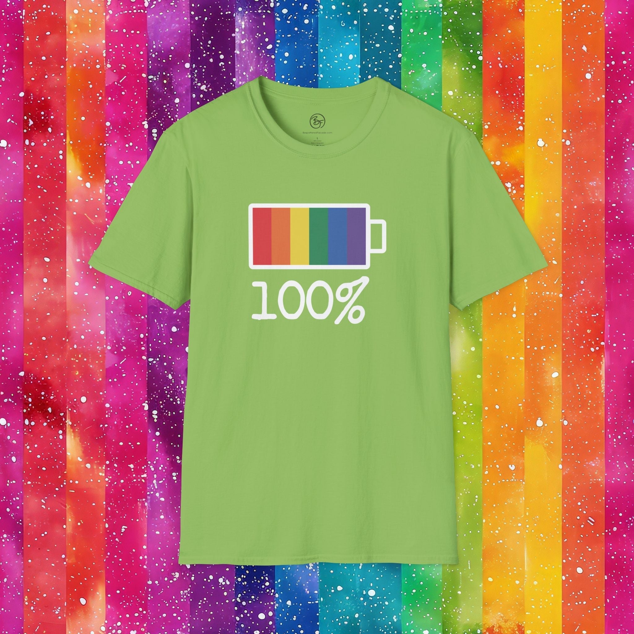 Bespattered Facade Rainbow Battery Unisex Softstyle T-Shirt T-Shirt La Vie Bien Bespattered Facade Rainbow Battery Unisex Softstyle T-Shirt