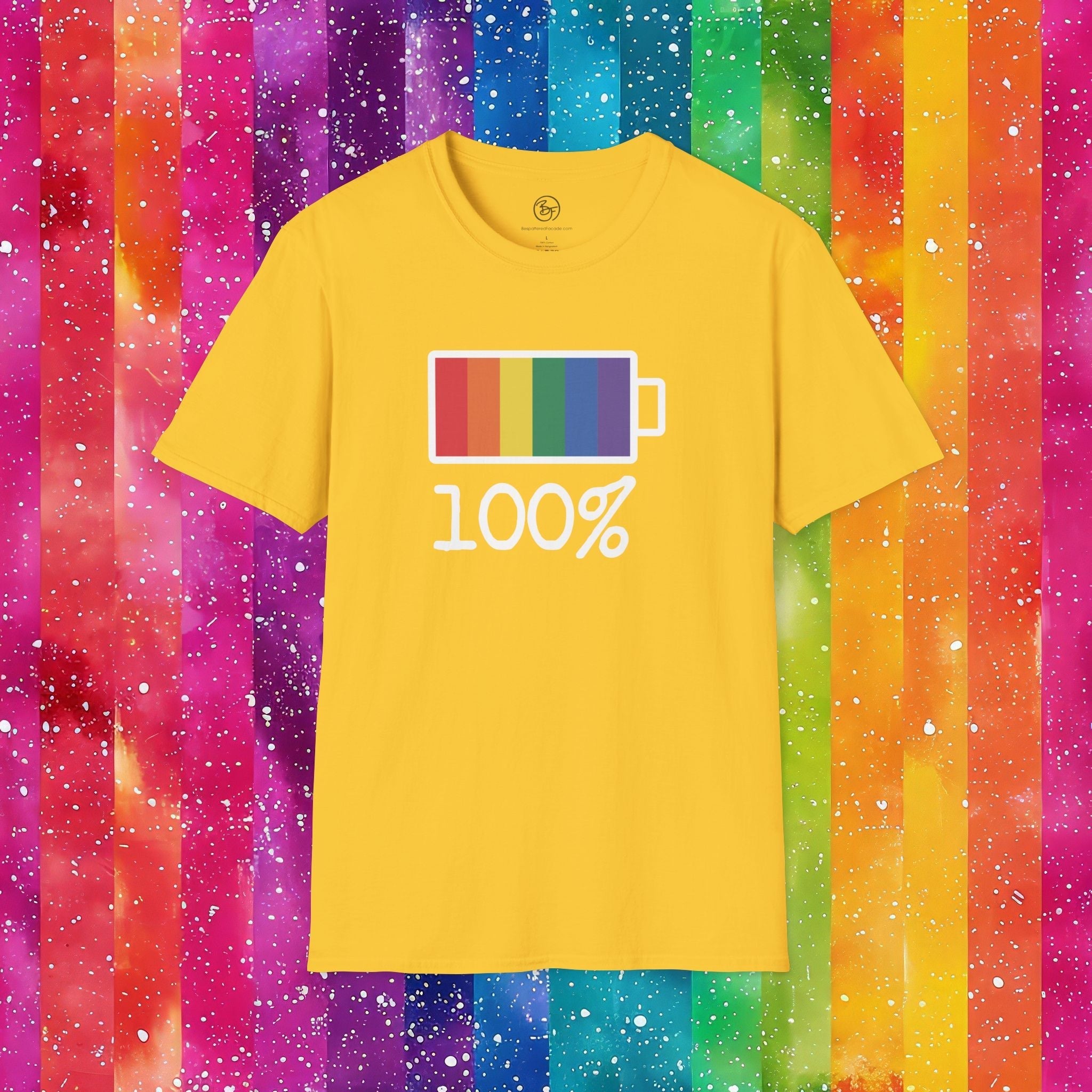 Bespattered Facade Rainbow Battery Unisex Softstyle T-Shirt T-Shirt La Vie Bien Bespattered Facade Rainbow Battery Unisex Softstyle T-Shirt