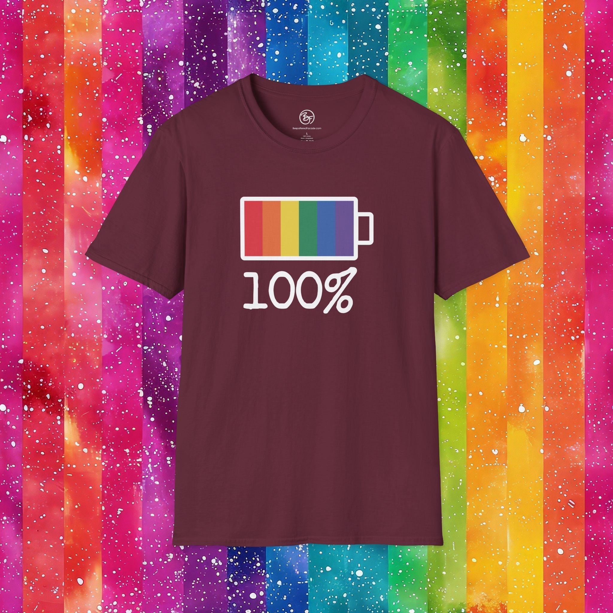 Bespattered Facade Rainbow Battery Unisex Softstyle T-Shirt T-Shirt La Vie Bien Bespattered Facade Rainbow Battery Unisex Softstyle T-Shirt