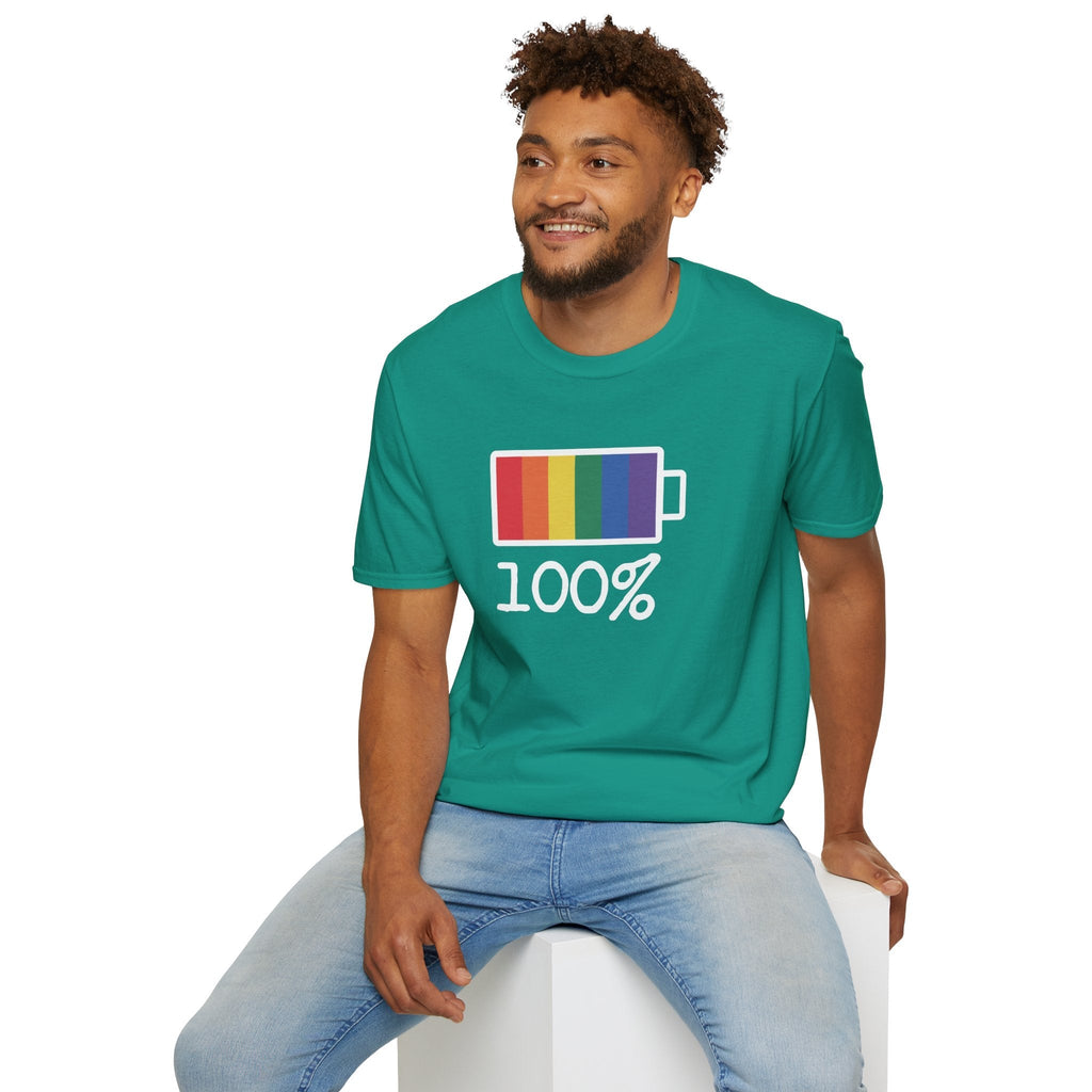 Bespattered Facade Rainbow Battery Unisex Softstyle T-Shirt T-Shirt La Vie Bien Bespattered Facade Rainbow Battery Unisex Softstyle T-Shirt
