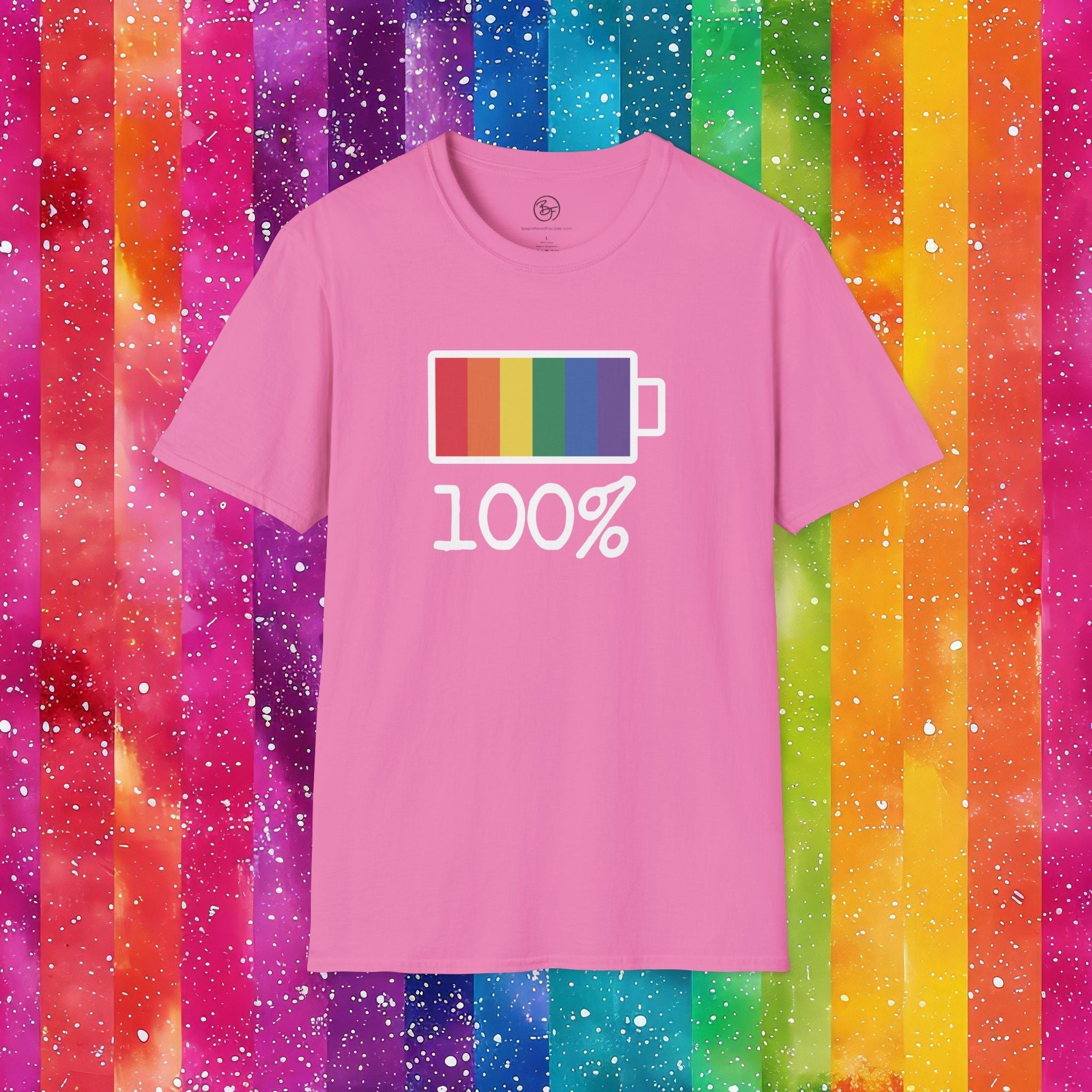 Bespattered Facade Rainbow Battery Unisex Softstyle T-Shirt T-Shirt La Vie Bien Bespattered Facade Rainbow Battery Unisex Softstyle T-Shirt