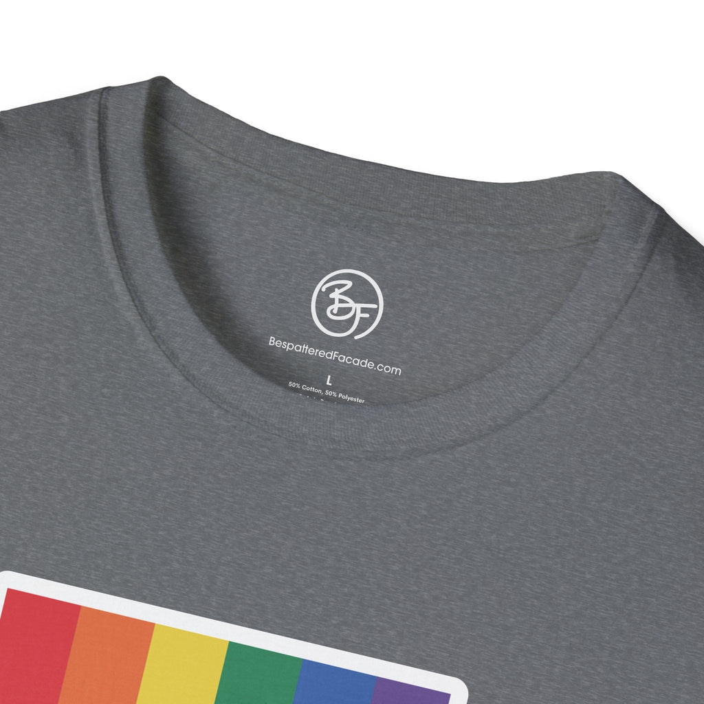 Bespattered Facade Rainbow Battery Unisex Softstyle T-Shirt T-Shirt La Vie Bien Bespattered Facade Rainbow Battery Unisex Softstyle T-Shirt