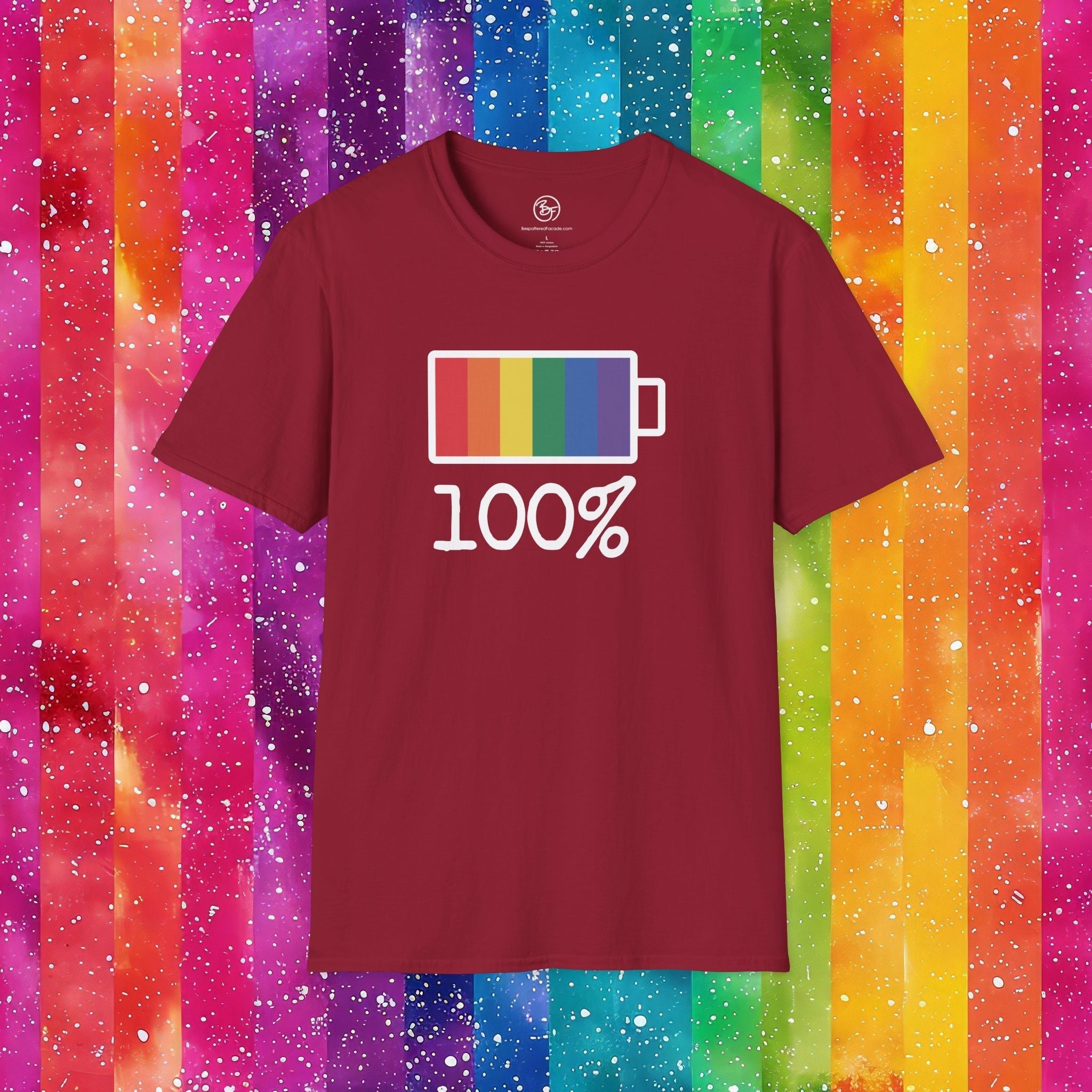 Bespattered Facade Rainbow Battery Unisex Softstyle T-Shirt T-Shirt La Vie Bien Bespattered Facade Rainbow Battery Unisex Softstyle T-Shirt