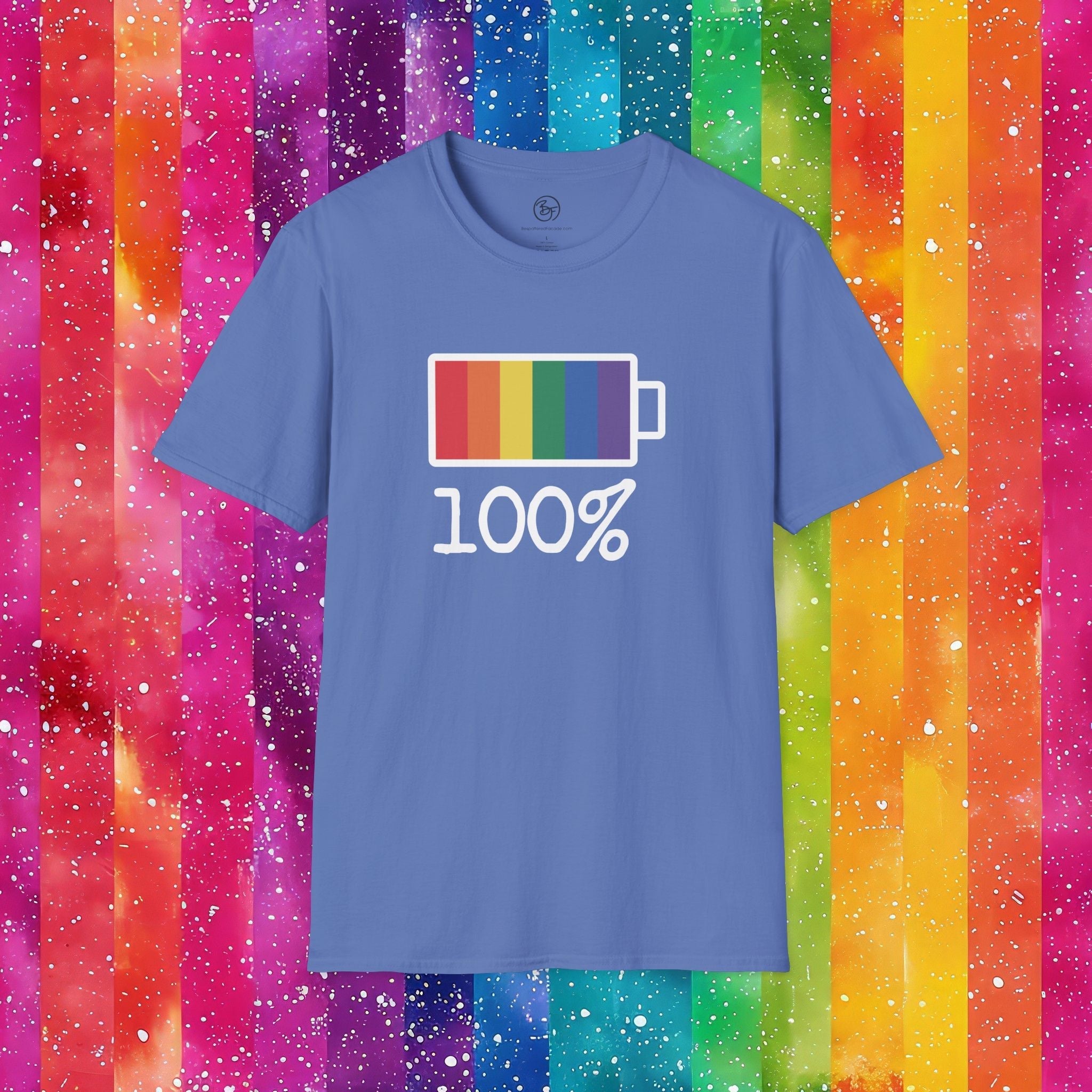 Bespattered Facade Rainbow Battery Unisex Softstyle T-Shirt T-Shirt La Vie Bien Bespattered Facade Rainbow Battery Unisex Softstyle T-Shirt
