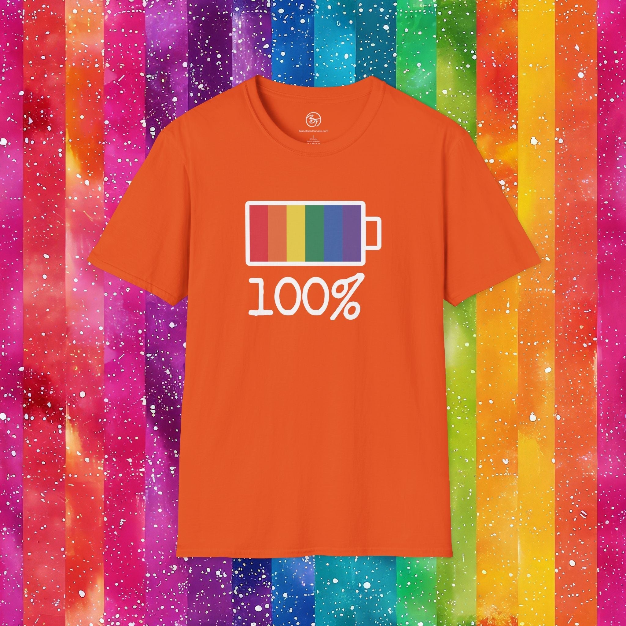 Bespattered Facade Rainbow Battery Unisex Softstyle T-Shirt T-Shirt La Vie Bien Bespattered Facade Rainbow Battery Unisex Softstyle T-Shirt