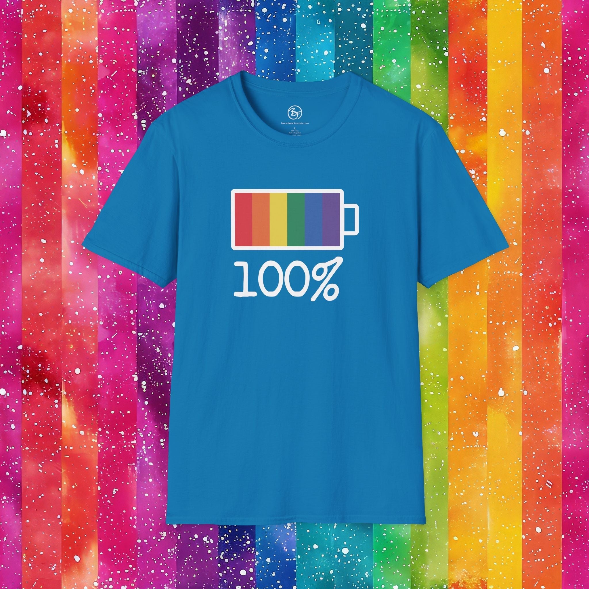 Bespattered Facade Rainbow Battery Unisex Softstyle T-Shirt T-Shirt La Vie Bien Bespattered Facade Rainbow Battery Unisex Softstyle T-Shirt