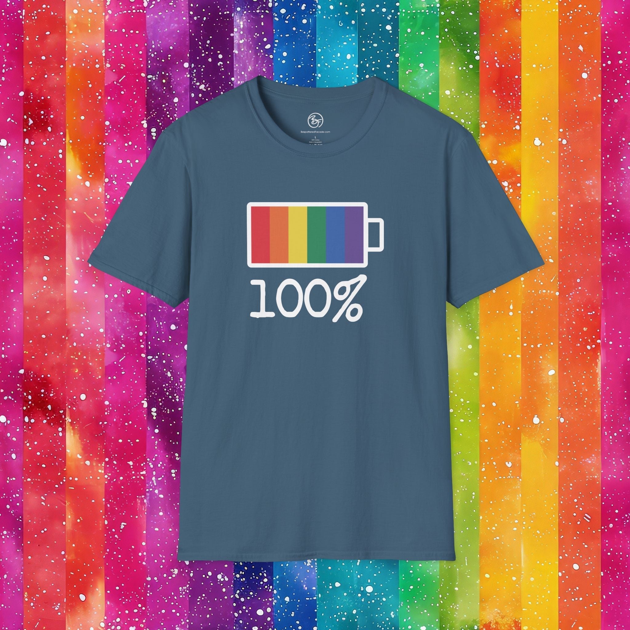 Bespattered Facade Rainbow Battery Unisex Softstyle T-Shirt T-Shirt La Vie Bien Bespattered Facade Rainbow Battery Unisex Softstyle T-Shirt